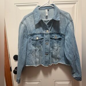 Grace + Karma 100% Cotton Cropped Denim Distressed Blue Jean Jacket XL
